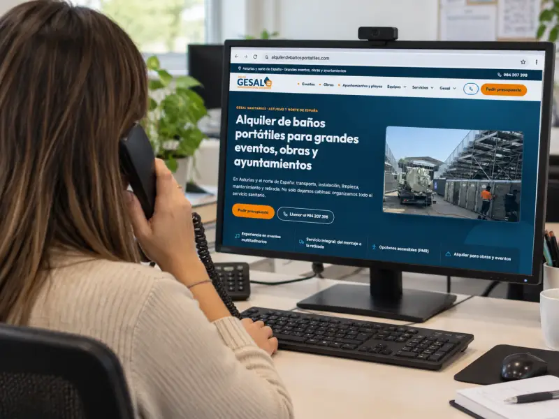 Escena ilustrativa de una mujer de espaldas al teléfono, con la web de Gesal abierta en el ordenador